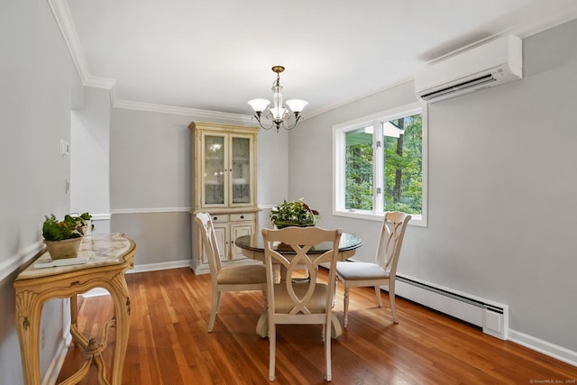 70 Bayne St, Norwalk, CT 06851 - dining room featuring an AC wall unit, baseboard heating, a chandelier, crown molding, and light wood-style flooring