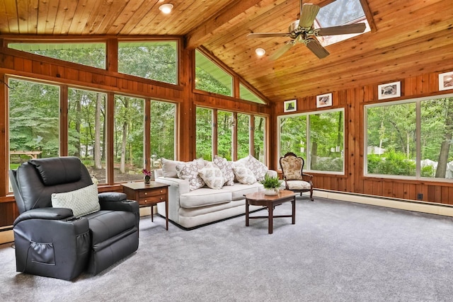 70 Bayne St, Norwalk, CT 06851 - living area featuring baseboard heating, a ceiling fan, carpet flooring, wooden walls, and wood ceiling
