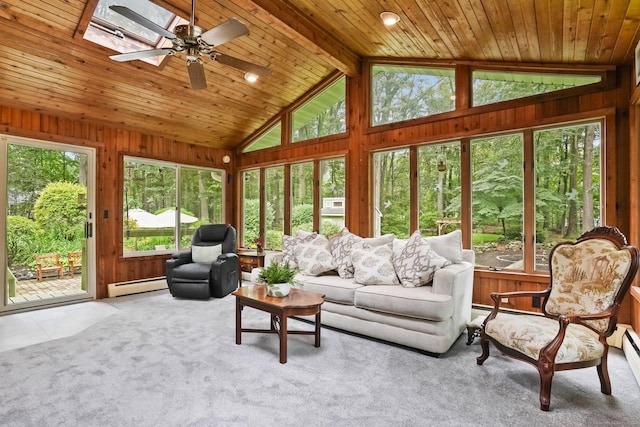 70 Bayne St, Norwalk, CT 06851 - carpeted living room featuring vaulted ceiling, a baseboard radiator, a ceiling fan, wooden walls, and wood ceiling