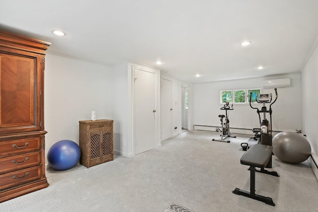 70 Bayne St, Norwalk, CT 06851 - exercise room featuring a wall mounted air conditioner, recessed lighting, carpet floors, and baseboard heating