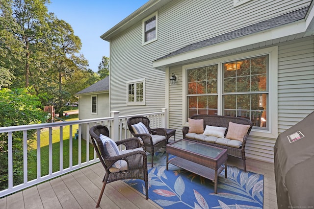 30 Poppy Ln, East Lyme, CT 06333 - deck featuring an outdoor hangout area and a yard