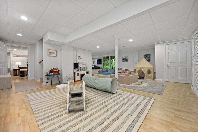 30 Poppy Ln, East Lyme, CT 06333 - living area with light wood-style floors, recessed lighting, a drop ceiling, and stairs