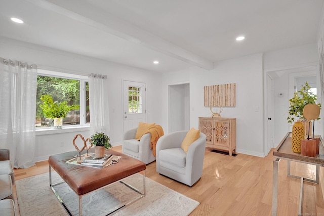 112 Lake Rd, Andover, CT 06232 - living room featuring light wood-type flooring, recessed lighting, and beam ceiling