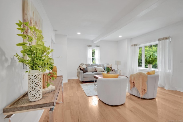 112 Lake Rd, Andover, CT 06232 - living area featuring light wood-style floors, beam ceiling, and recessed lighting