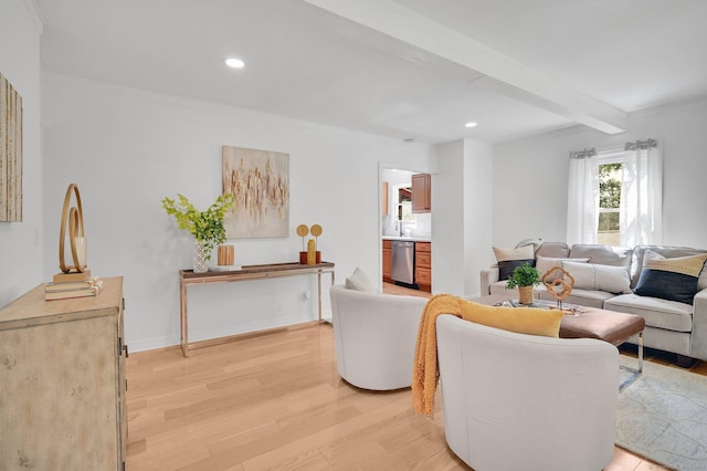 112 Lake Rd, Andover, CT 06232 - living room featuring light wood finished floors, beam ceiling, and recessed lighting