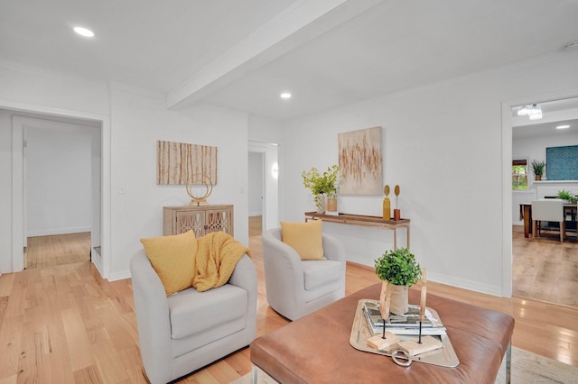 112 Lake Rd, Andover, CT 06232 - living room featuring beamed ceiling, light wood finished floors, and recessed lighting