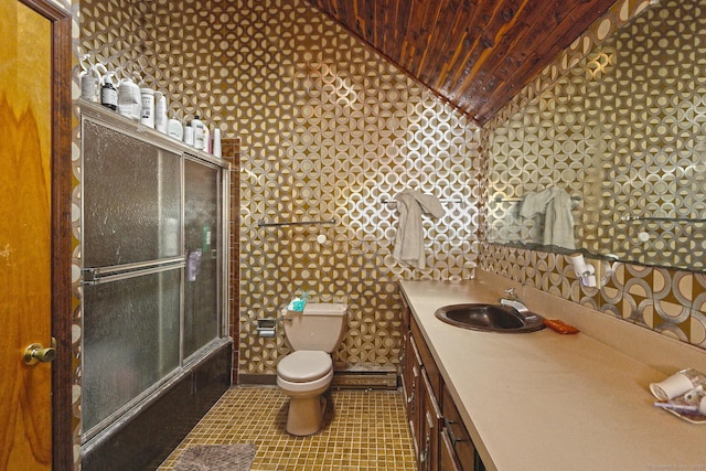 25 Summer Pl, Milford, CT 06460 - full bathroom featuring vanity, wooden ceiling, combined bath / shower with glass door, lofted ceiling, and wallpapered walls