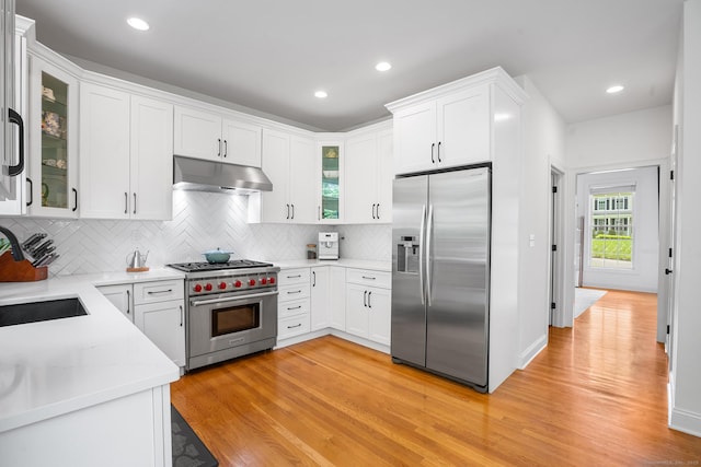 50 Buckingham Rd, Avon, CT 06001 - kitchen featuring stainless steel appliances, under cabinet range hood, light wood finished floors, tasteful backsplash, and recessed lighting