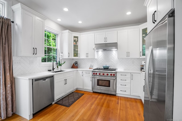 50 Buckingham Rd, Avon, CT 06001 - kitchen with stainless steel appliances, under cabinet range hood, light wood-style flooring, light countertops, and glass insert cabinets
