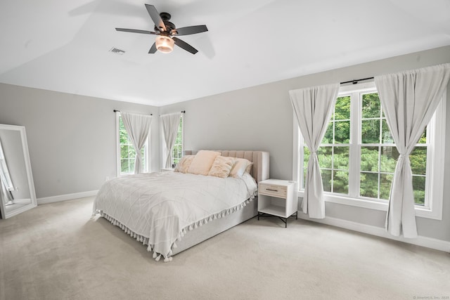 50 Buckingham Rd, Avon, CT 06001 - bedroom featuring light colored carpet, multiple windows, vaulted ceiling, and a ceiling fan