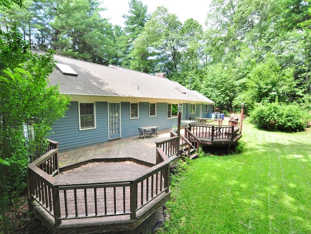 3 Carriage Dr, Canton, CT 06019 - back of house with a yard, a wooden deck, roof with shingles, outdoor dining area, and a chimney