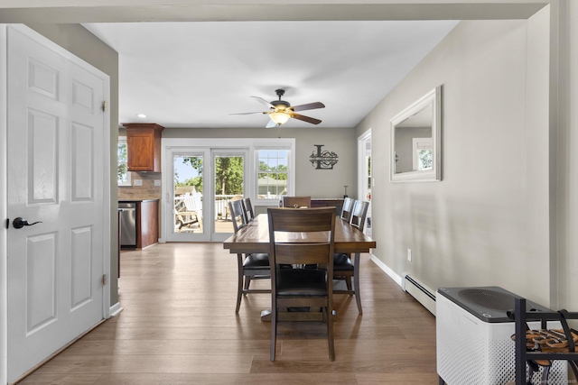 24 Pine Tree Rdg, Meriden, CT 06450 - dining room with a baseboard radiator, a ceiling fan, wood finished floors, and recessed lighting