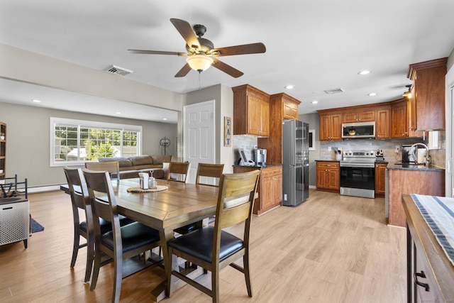 24 Pine Tree Rdg, Meriden, CT 06450 - dining room featuring a ceiling fan, light wood-type flooring, recessed lighting, and a baseboard radiator