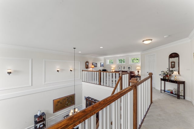 18 Briar Ridge Dr Unit 18, Bethel, CT 06801 - hall with an upstairs landing, light carpet, crown molding, and recessed lighting
