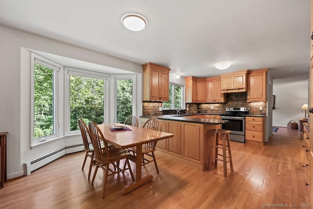 267 Jagger Ln, Hebron, CT 06248 - kitchen featuring stainless steel electric stove, dark countertops, a baseboard heating unit, decorative backsplash, and light wood-style floors