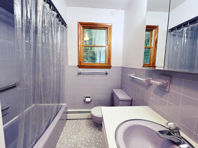 11 Mount Nebo Rd, Newtown, CT 06470 - bathroom featuring baseboard heating, tile walls, vanity, shower / tub combo, and tile patterned flooring