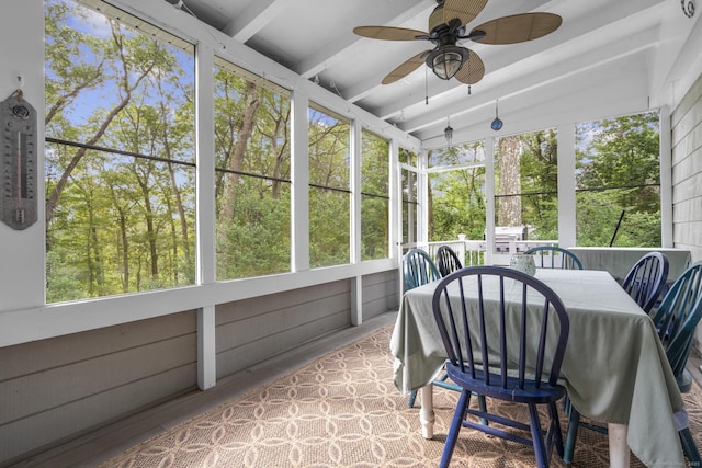 19 Buttercup Ln, Shelton, CT 06484 - sunroom / solarium featuring a ceiling fan, beamed ceiling, and view of scattered trees