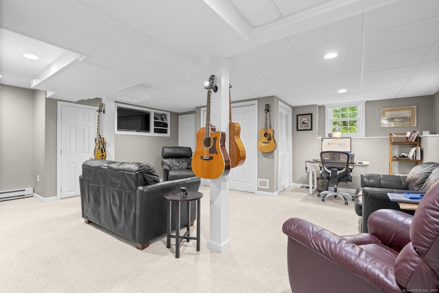 19 Buttercup Ln, Shelton, CT 06484 - living room featuring light colored carpet, a baseboard radiator, and recessed lighting