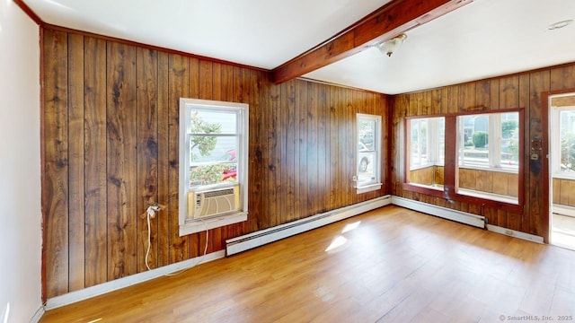 36 Merwin Ave, Milford, CT 06460 - spare room with wood finished floors, baseboard heating, cooling unit, beamed ceiling, and wooden walls