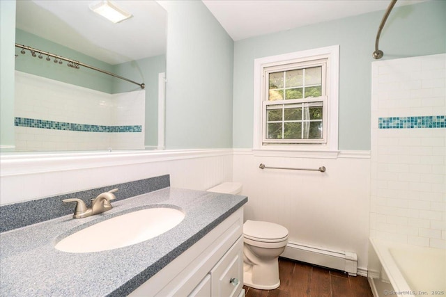 17 Robinhood Rd, Danbury, CT 06811 - full bathroom featuring baseboard heating, vanity, a wainscoted wall, wood finished floors, and washtub / shower combination