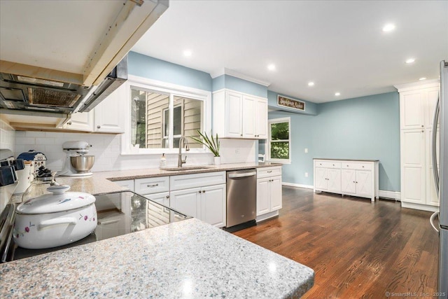 17 Robinhood Rd, Danbury, CT 06811 - kitchen featuring dishwasher, backsplash, white cabinetry, light stone counters, and recessed lighting