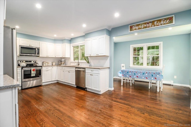 17 Robinhood Rd, Danbury, CT 06811 - kitchen featuring stainless steel appliances, plenty of natural light, white cabinetry, dark wood-style flooring, and recessed lighting