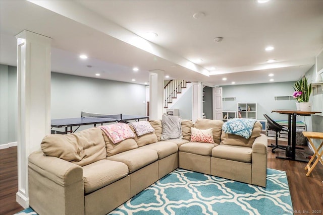 17 Robinhood Rd, Danbury, CT 06811 - living room with dark wood-type flooring, stairway, and recessed lighting
