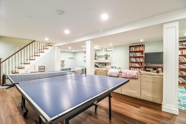 17 Robinhood Rd, Danbury, CT 06811 - recreation room featuring wood finished floors, recessed lighting, and decorative columns