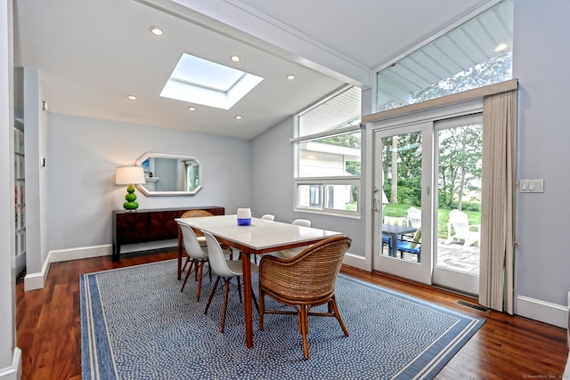 23 Briarwood Dr, Old Saybrook, CT 06475 - dining room featuring a skylight, wood finished floors, vaulted ceiling, and recessed lighting