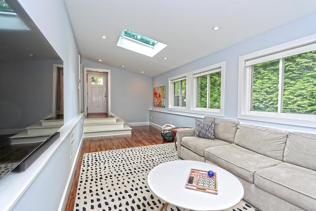 23 Briarwood Dr, Old Saybrook, CT 06475 - living room with a skylight, dark wood-type flooring, vaulted ceiling, and recessed lighting