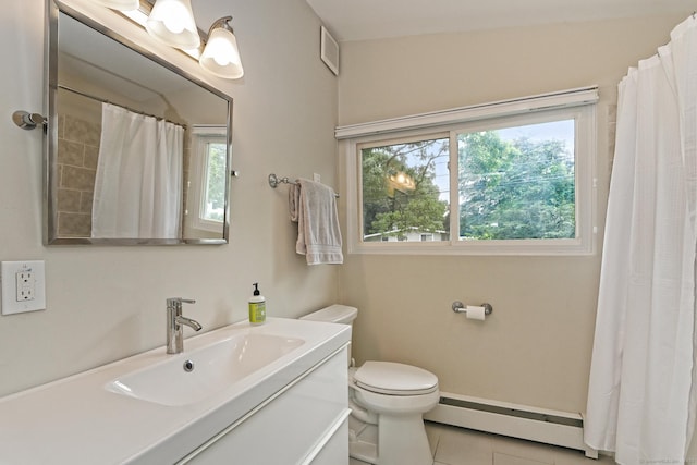23 Briarwood Dr, Old Saybrook, CT 06475 - full bath featuring baseboard heating, vanity, a shower with shower curtain, and tile patterned flooring