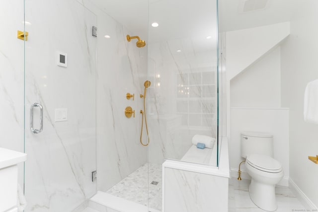36 Hendrie Ave, Greenwich, CT 06878 - bathroom with a marble finish shower, marble finish flooring, and recessed lighting