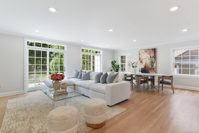 36 Hendrie Ave, Greenwich, CT 06878 - living room featuring crown molding, light wood finished floors, plenty of natural light, and recessed lighting