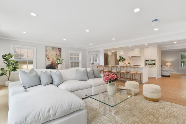 36 Hendrie Ave, Greenwich, CT 06878 - living room featuring ornamental molding, light wood-style flooring, and recessed lighting
