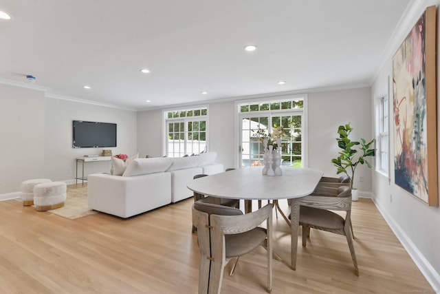 36 Hendrie Ave, Greenwich, CT 06878 - dining space with ornamental molding, light wood-style floors, and recessed lighting