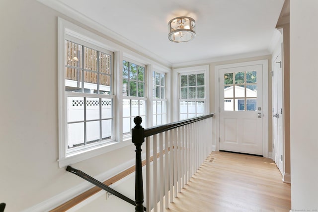 36 Hendrie Ave, Greenwich, CT 06878 - doorway to outside featuring light wood-style floors, crown molding, and a chandelier