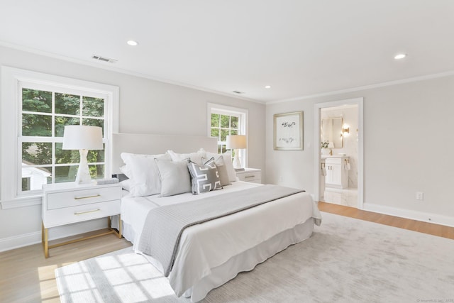 36 Hendrie Ave, Greenwich, CT 06878 - bedroom with ornamental molding, light wood-type flooring, recessed lighting, and connected bathroom