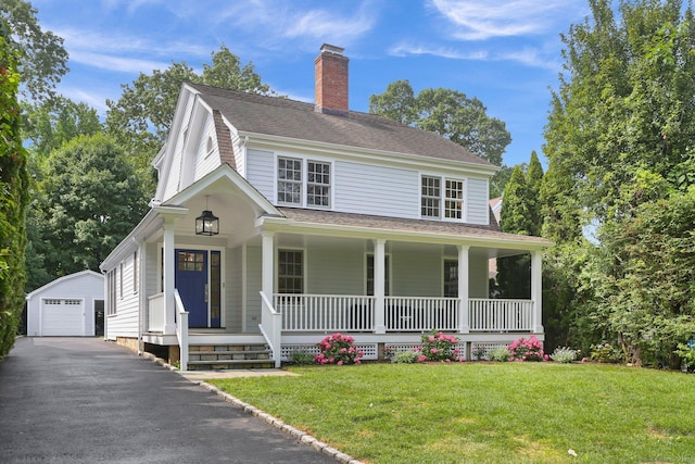 36 Hendrie Ave, Greenwich, CT 06878 - farmhouse-style home with an outdoor structure, a chimney, a garage, driveway, and a front lawn