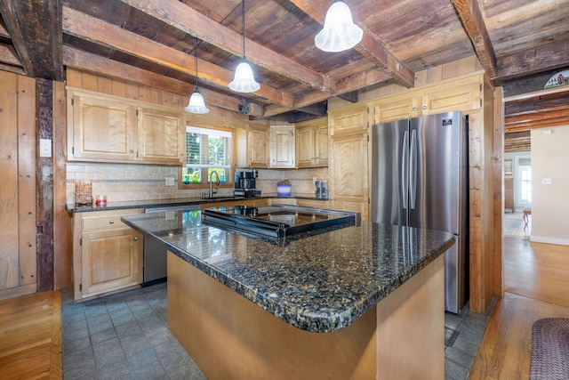 889 S Main St, Southington, CT 06479 - kitchen featuring a wooden ceiling with exposed beams, stainless steel appliances, tasteful backsplash, light brown cabinetry, and dark stone countertops