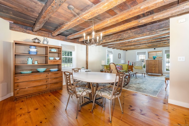 889 S Main St, Southington, CT 06479 - dining area featuring wood-type flooring, a chandelier, and a wooden ceiling with exposed beams