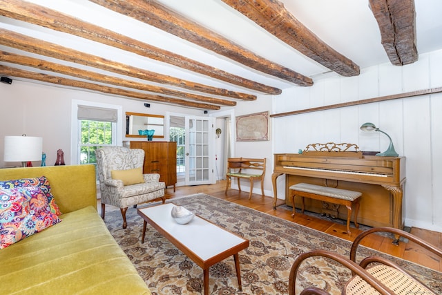 889 S Main St, Southington, CT 06479 - living area featuring wood finished floors, beam ceiling, and french doors