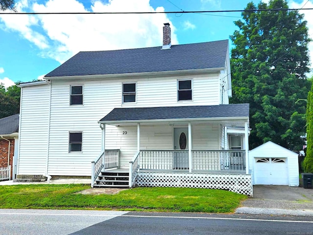 23 Norfolk Rd, Torrington, CT 06790 - view of front of house with an outdoor structure, a porch, a chimney, a front lawn, and roof with shingles
