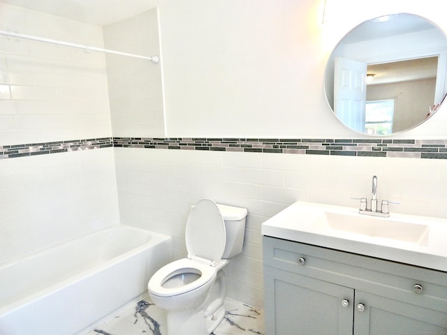 23 Norfolk Rd, Torrington, CT 06790 - full bath with tile walls, vanity, shower / bathtub combination, marble finish floors, and a wainscoted wall