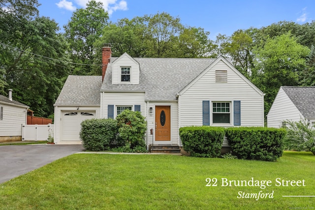 22 Brundage St, Stamford, CT 06907 - cape cod home featuring driveway, an attached garage, a front yard, a shingled roof, and a chimney