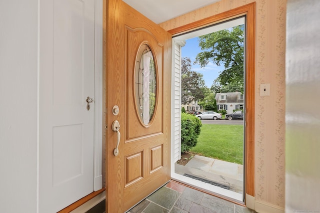 22 Brundage St, Stamford, CT 06907 - entrance foyer featuring wallpapered walls and stone finish floors
