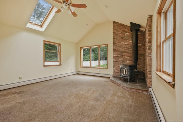 22 Brundage St, Stamford, CT 06907 - unfurnished living room with a baseboard heating unit, carpet floors, a wood stove, a ceiling fan, and high vaulted ceiling