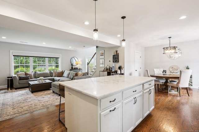 15 Wondy Way, Danbury, CT 06811 - kitchen featuring dark wood finished floors, white cabinetry, a kitchen island, hanging light fixtures, and recessed lighting