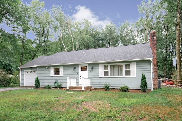 81 Burwell Rd, New Hartford, CT 06057 - ranch-style home featuring a garage, a chimney, a front yard, and driveway