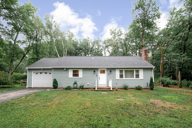 81 Burwell Rd, New Hartford, CT 06057 - ranch-style house with an attached garage, asphalt driveway, a chimney, and a front lawn