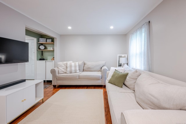 81 Burwell Rd, New Hartford, CT 06057 - living room featuring wood finished floors, recessed lighting, and built in shelves